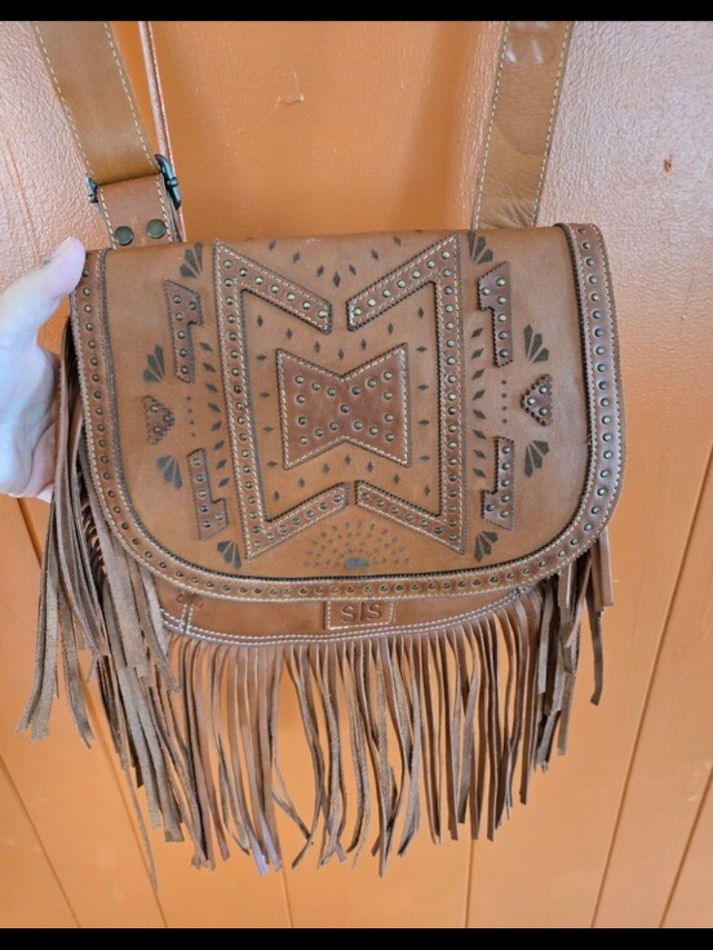 STS Ranchwear Brown Fringe Crossbody with Southwestern Embossing - Picture 7 of 8